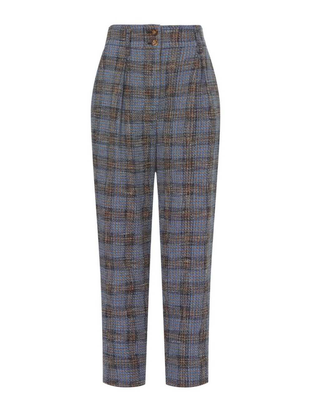 Veronica Beard Blue and Brown Plaid High-Waist Trousers